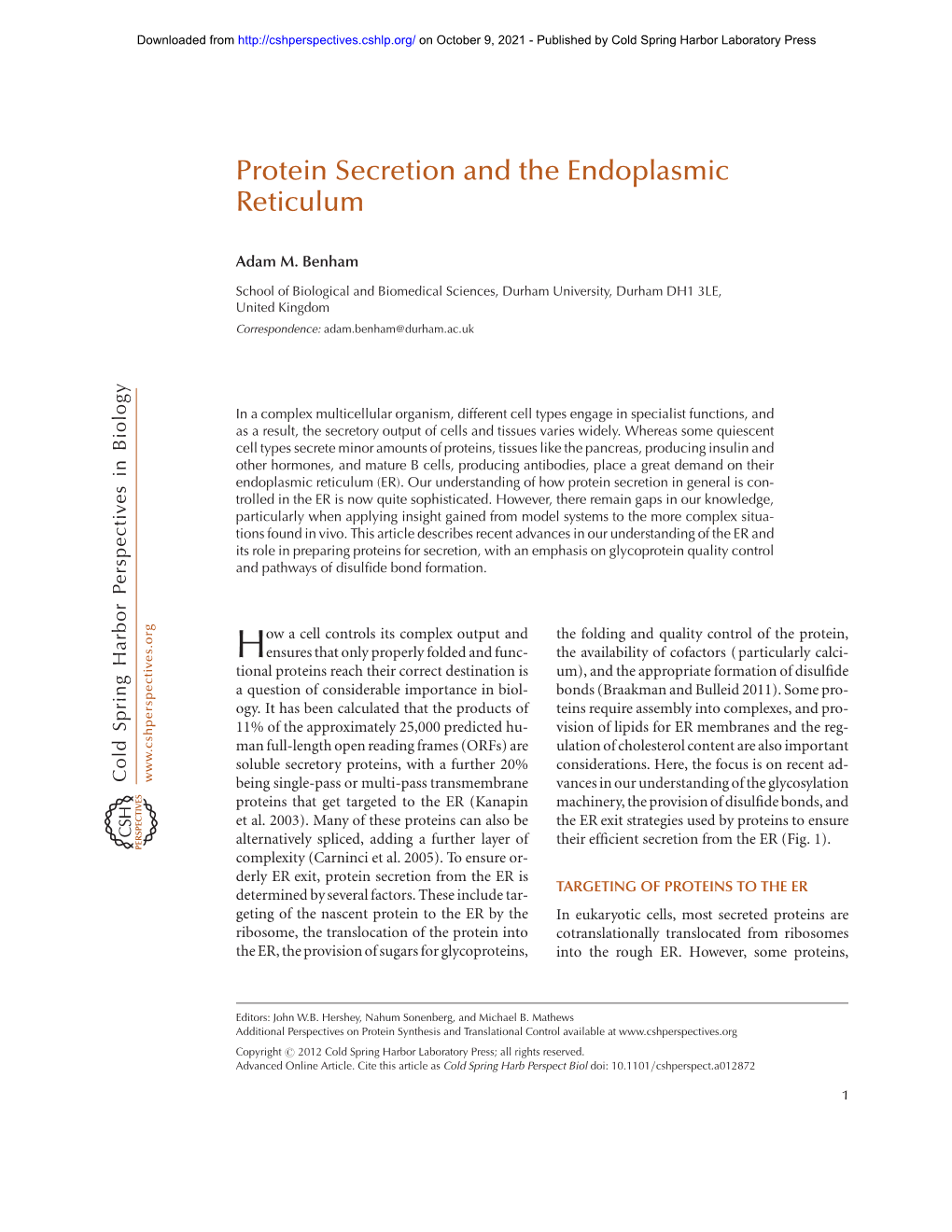 Protein Secretion and the Endoplasmic Reticulum