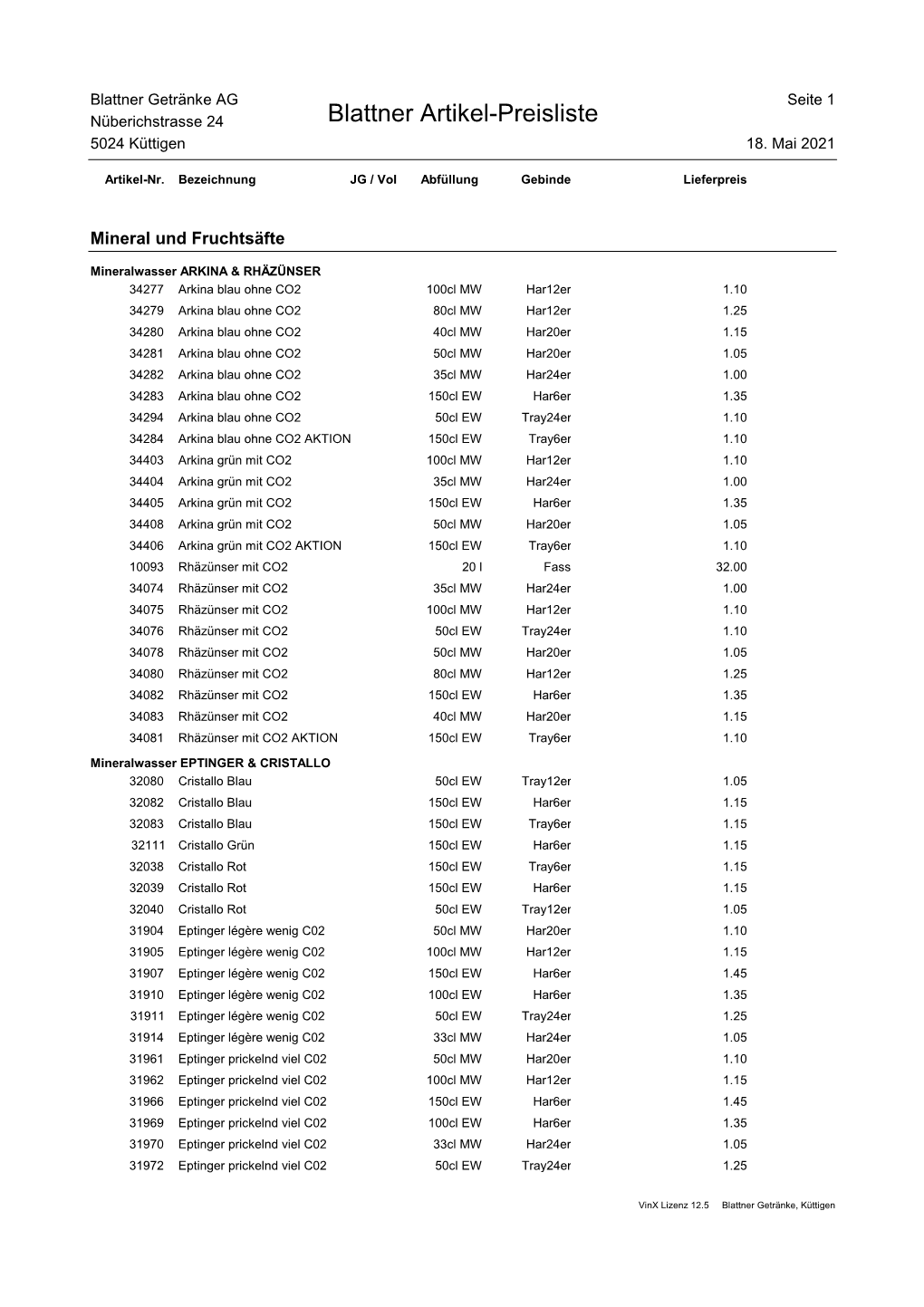 Vinx Lizenz 12.5 Blattner Getränke, Küttigen Blattner Getränke AG Seite 2 Nüberichstrasse 24 Blattner Artikel-Preisliste 5024 Küttigen 18