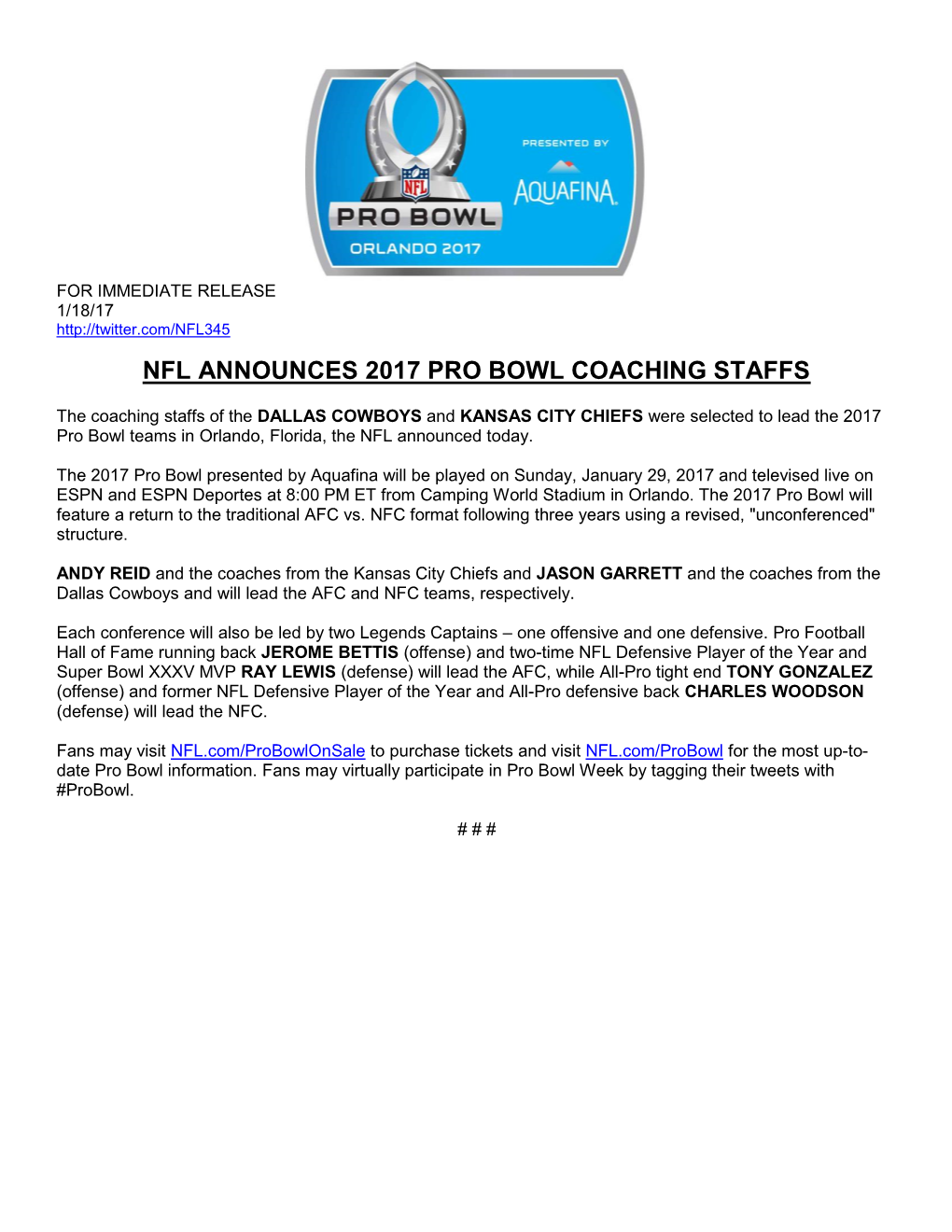 Nfl Announces 2017 Pro Bowl Coaching Staffs