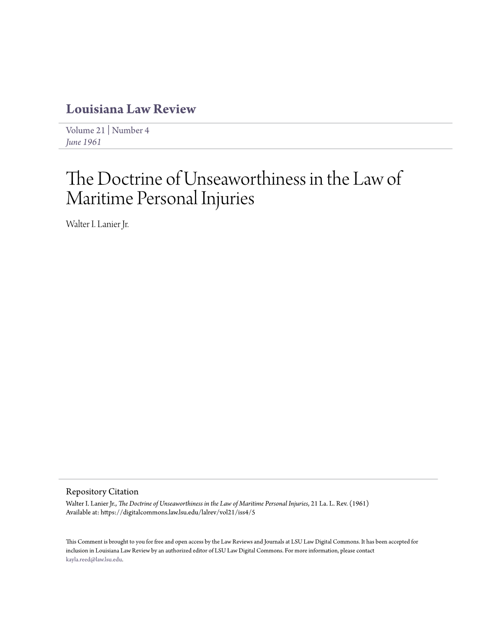 The Doctrine of Unseaworthiness in the Law of Maritime Personal Injuries, 21 La
