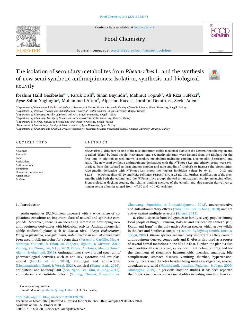 The Isolation of Secondary Metabolites from Rheum Ribes L. and The