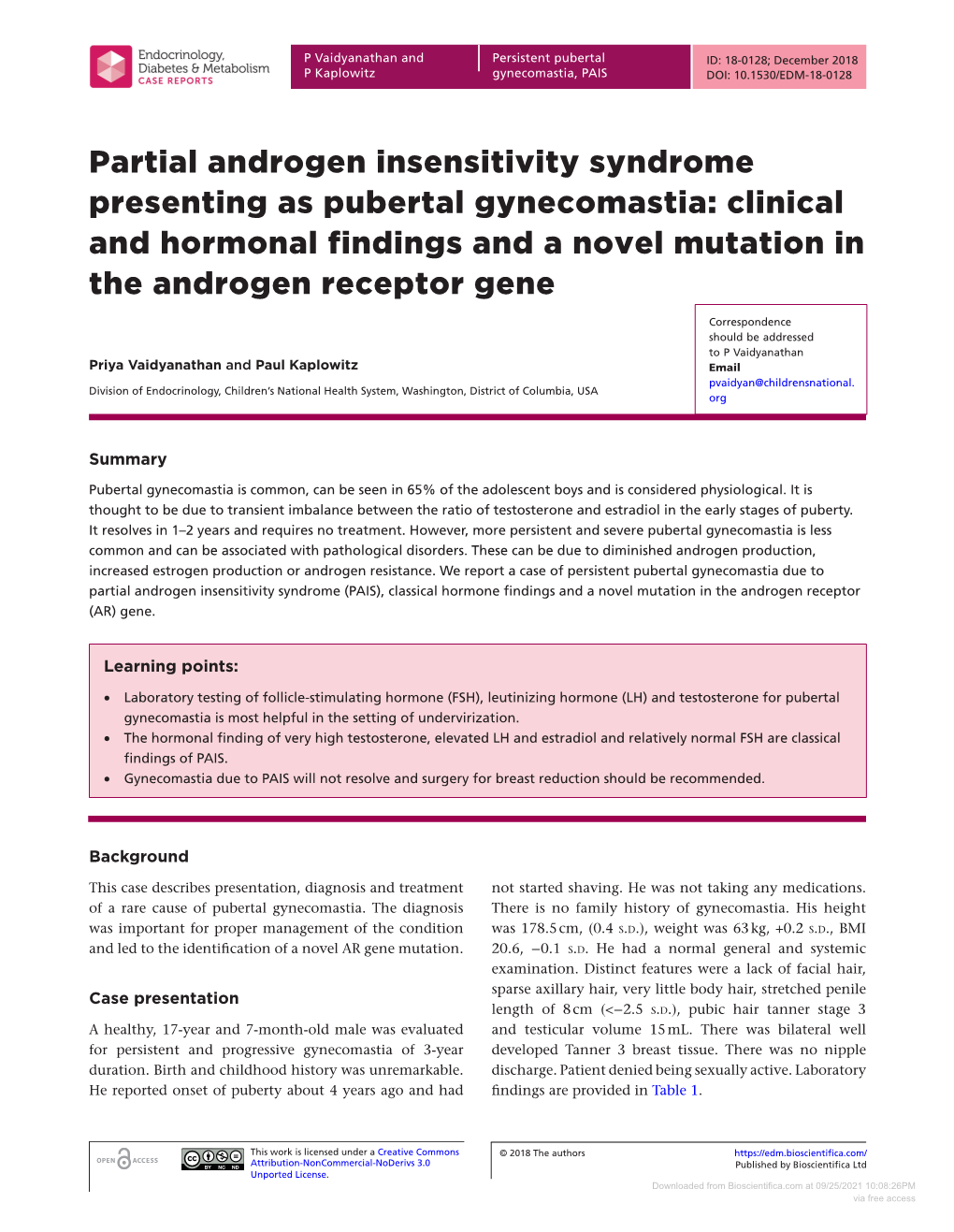 Partial Androgen Insensitivity Syndrome Presenting As Pubertal Gynecomastia: Clinical and Hormonal Findings and a Novel Mutation in the Androgen Receptor Gene