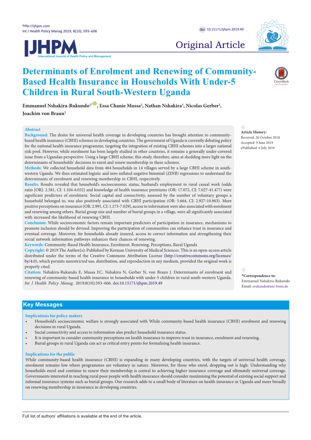 Determinants of Enrolment and Renewing of Community-Based Health Insurance in Households with Under-5 Children in Rural South-Western Uganda