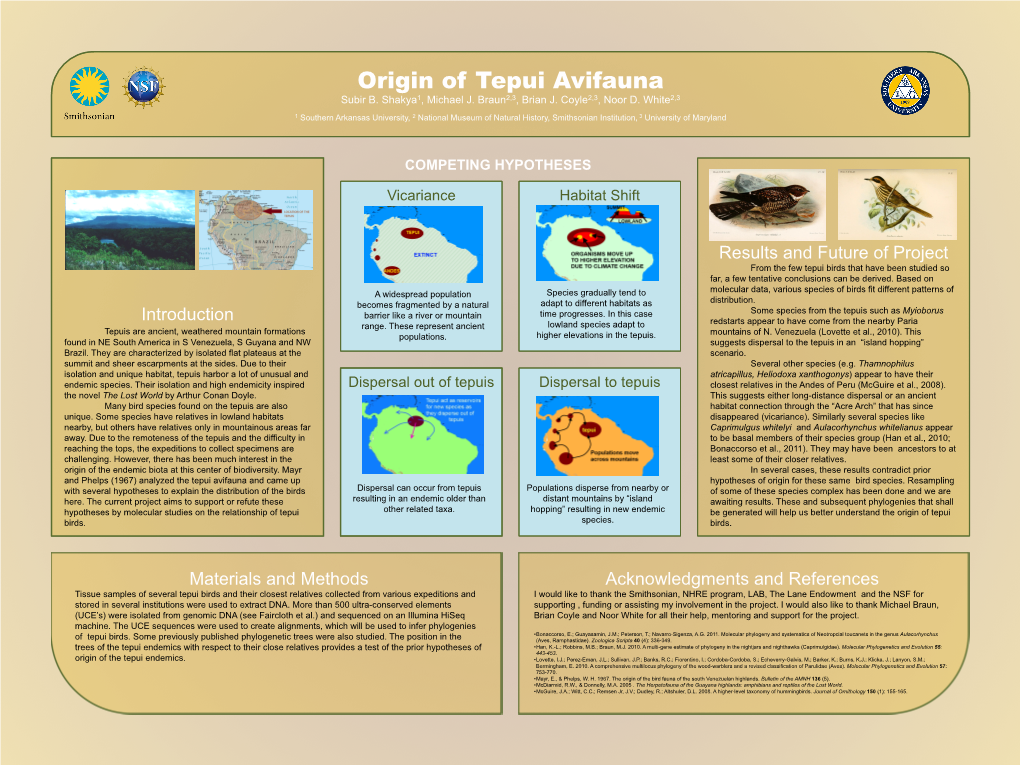 Origin of Tepui Avifauna 1 2,3 2,3 2,3 Subir B