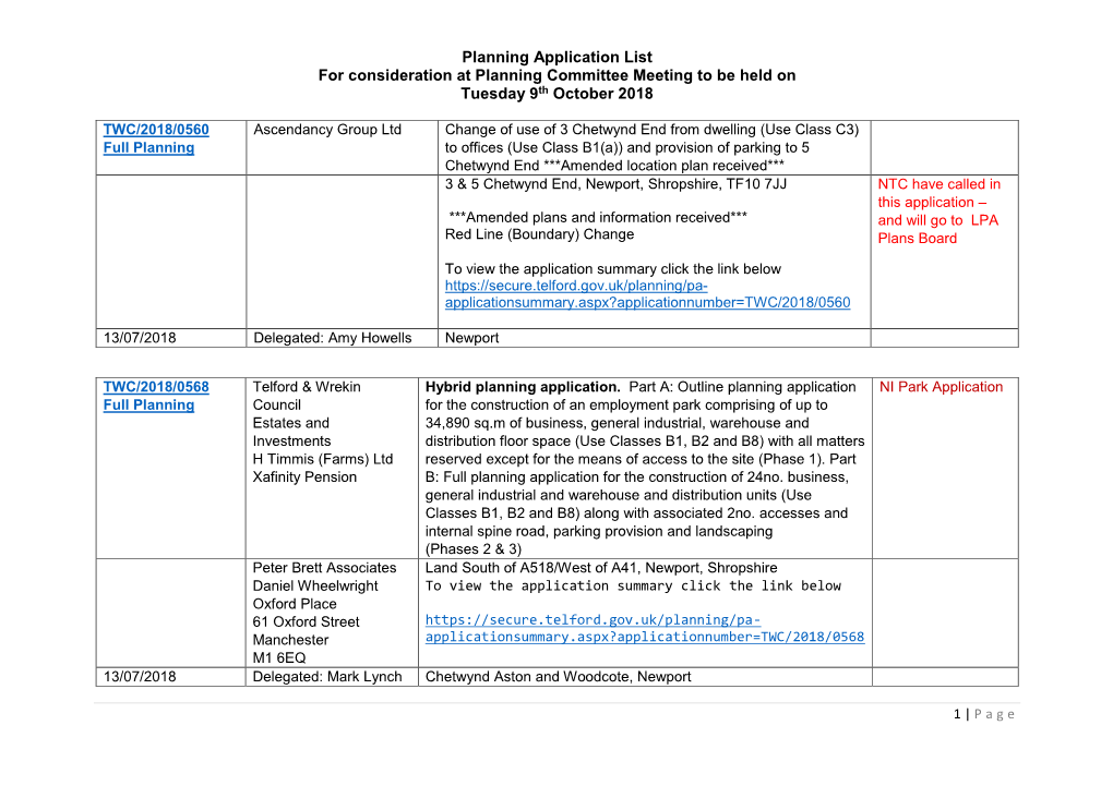 Planning Application List for Consideration at Planning Committee Meeting to Be Held on Tuesday 9Th October 2018