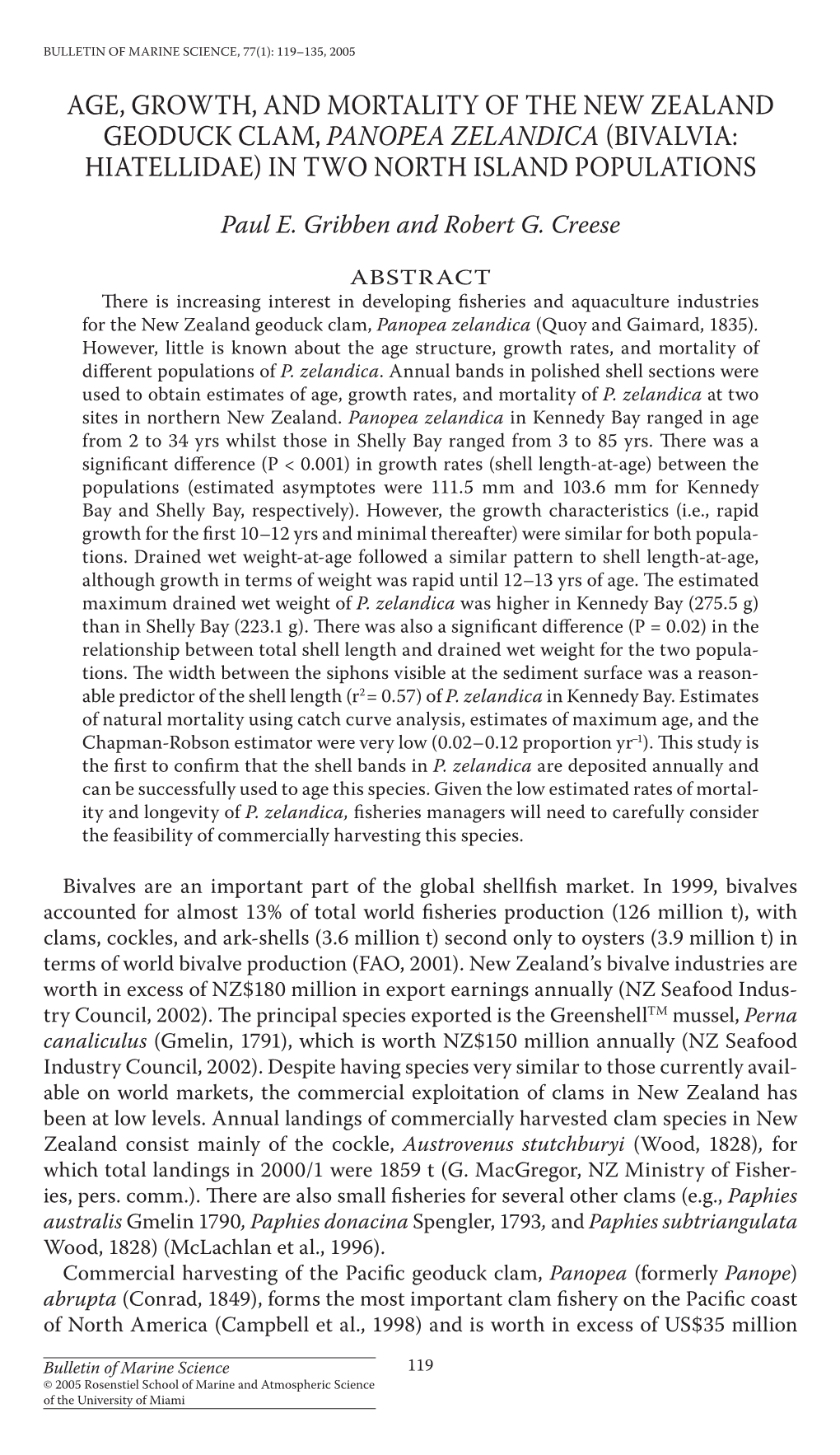 Age, Growth, and Mortality of the New Zealand Geoduck Clam, <I