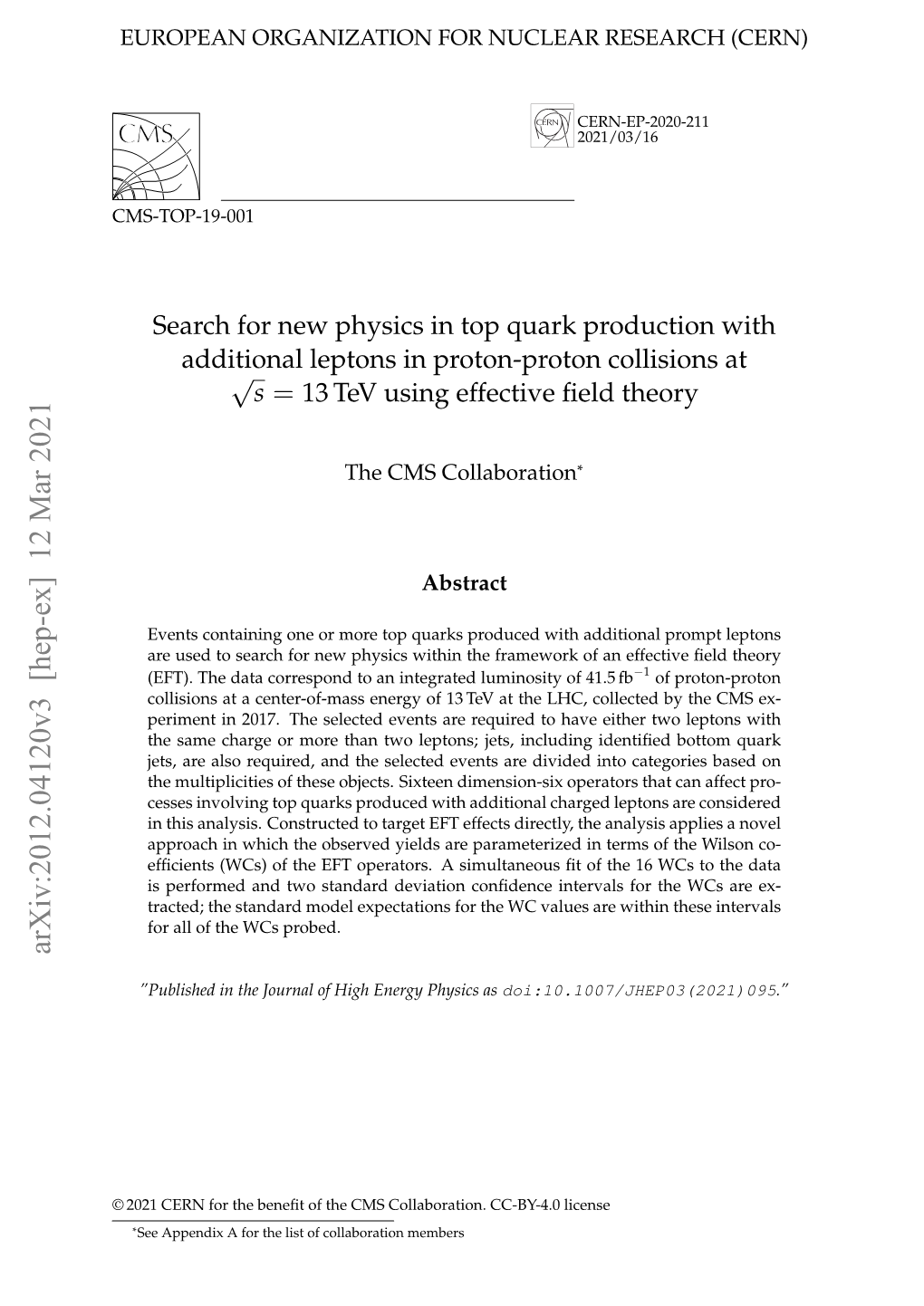 Search for New Physics in Top Quark Production with Additional Leptons in Proton-Proton Collisions at Sqrt(S) = 13 Tev Using