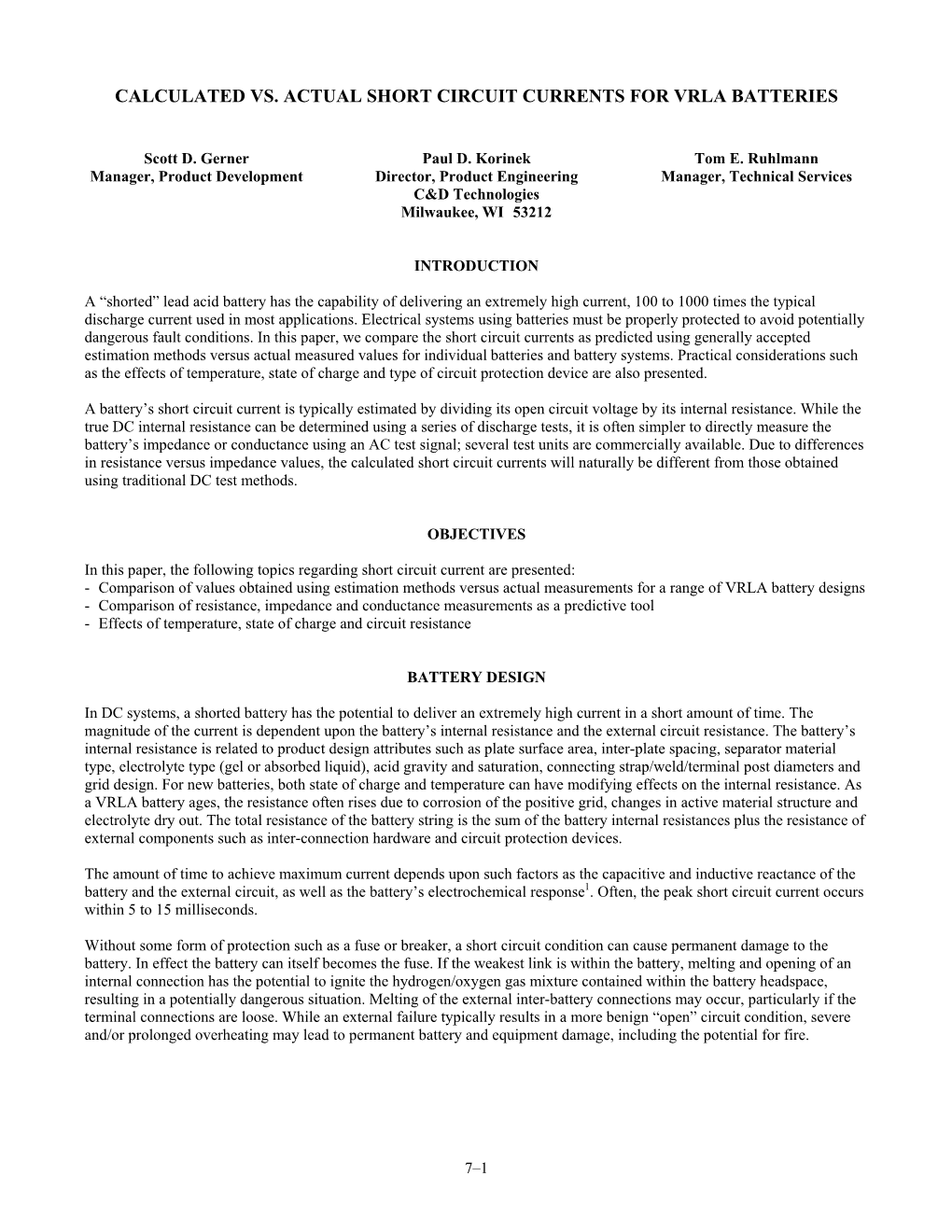 Calculated Vs. Actual Short Circuit Currents for Vrla Batteries