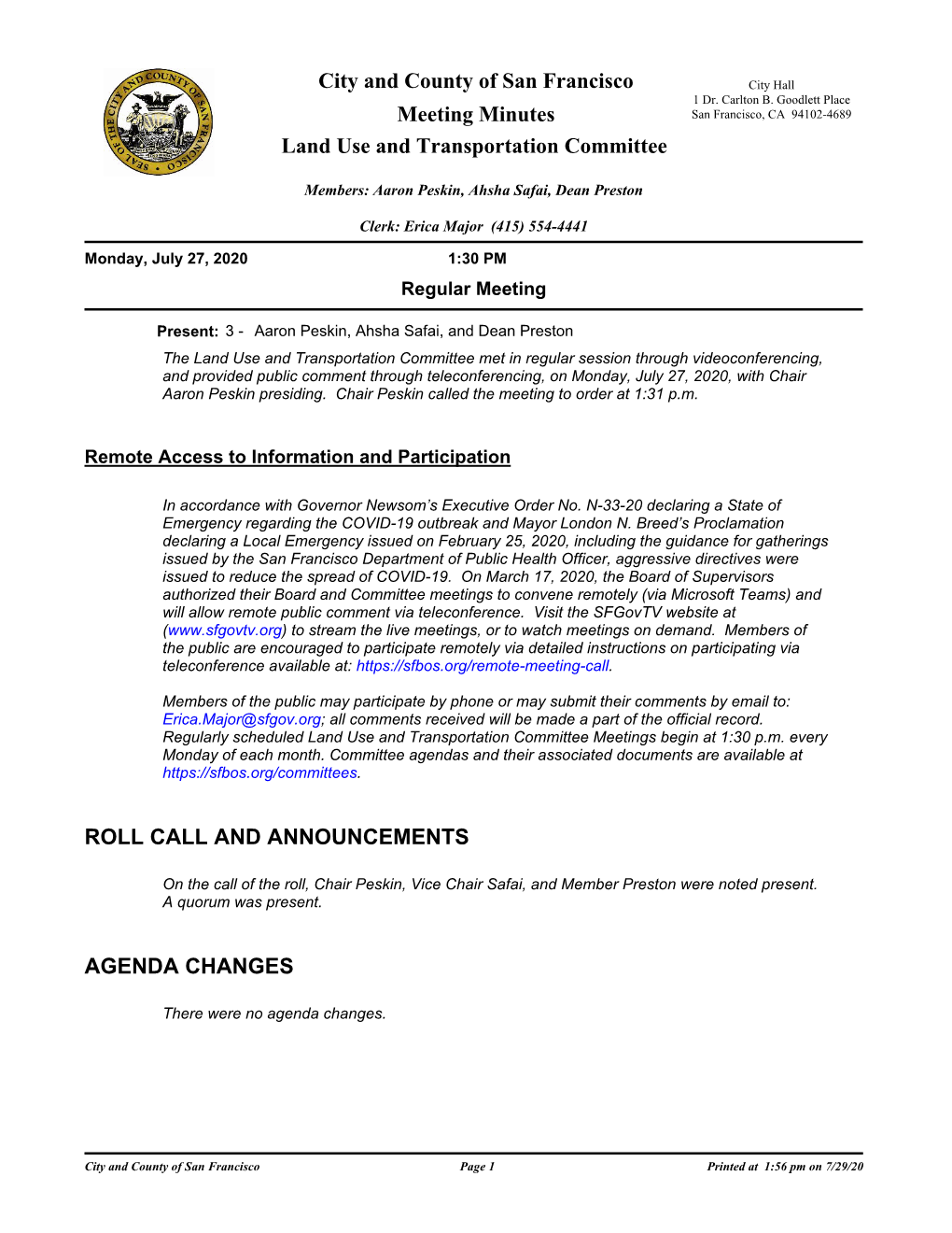 City and County of San Francisco Meeting Minutes Land Use And