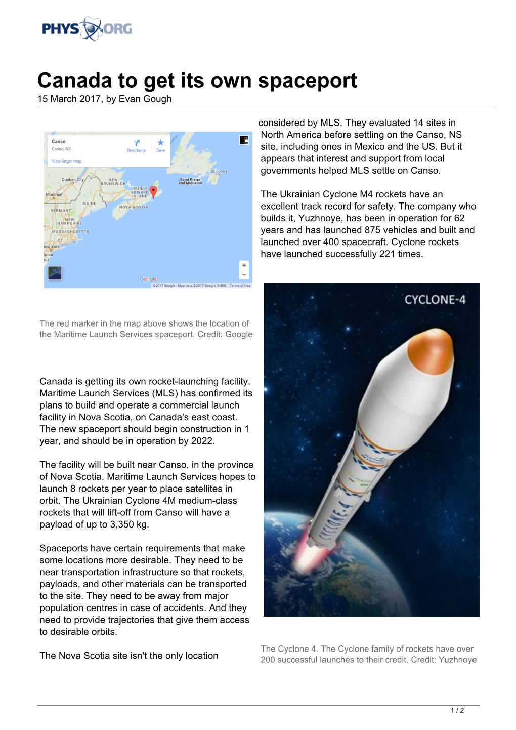 Canada to Get Its Own Spaceport 15 March 2017, by Evan Gough