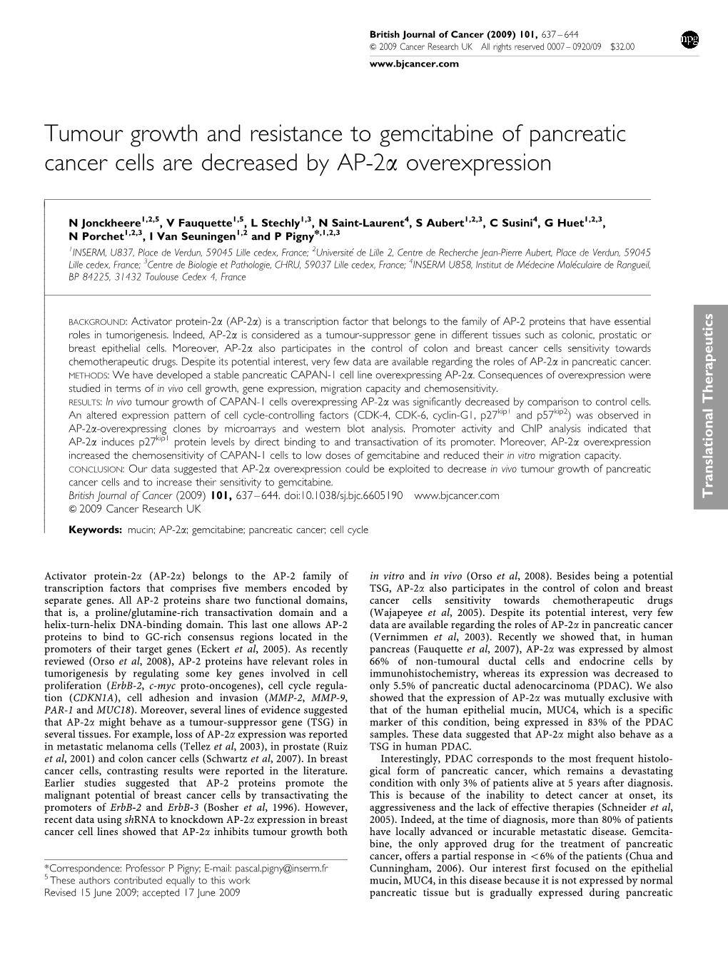 Tumour Growth and Resistance to Gemcitabine of Pancreatic Cancer Cells Are Decreased by AP-2A Overexpression