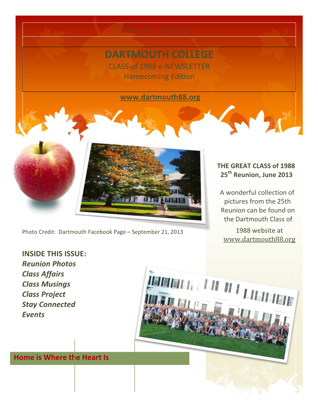 DARTMOUTH COLLEGE CLASS of 1988 E-NEWSLETTER Homecoming Edition