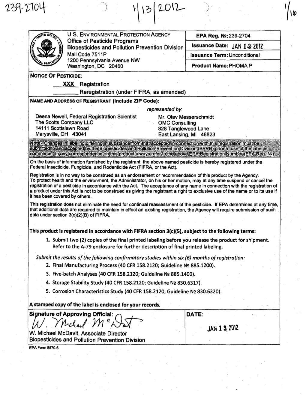 US EPA, Pesticide Product Label, PHOMA P, 01/13/2012