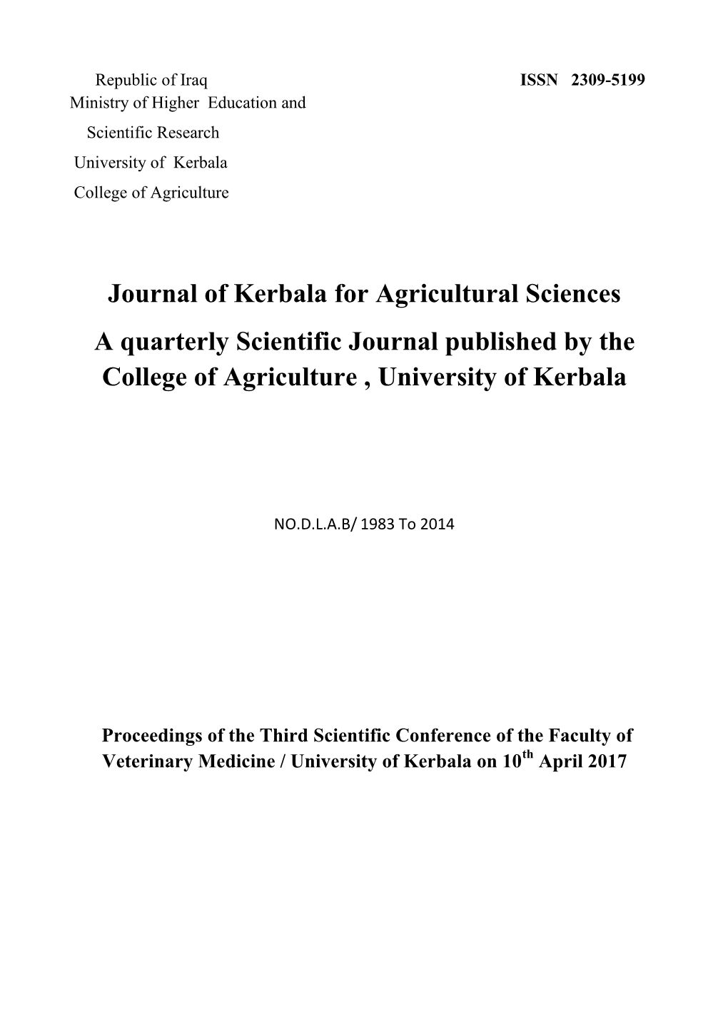 Journal of Kerbala for Agricultural Sciences a Quarterly Scientific Journal Published by The