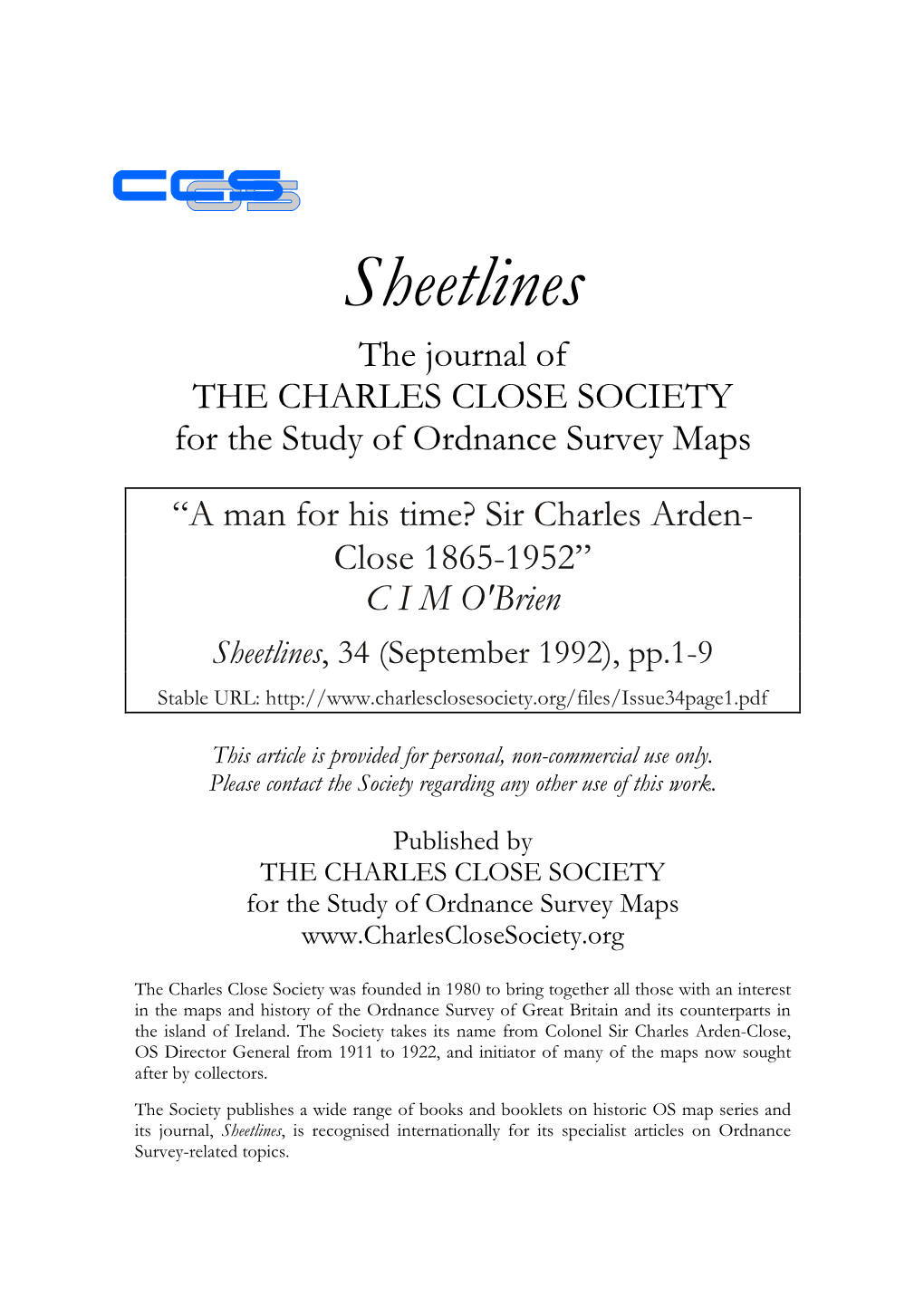 Sheetlines the Journal of the CHARLES CLOSE SOCIETY for the Study of Ordnance Survey Maps