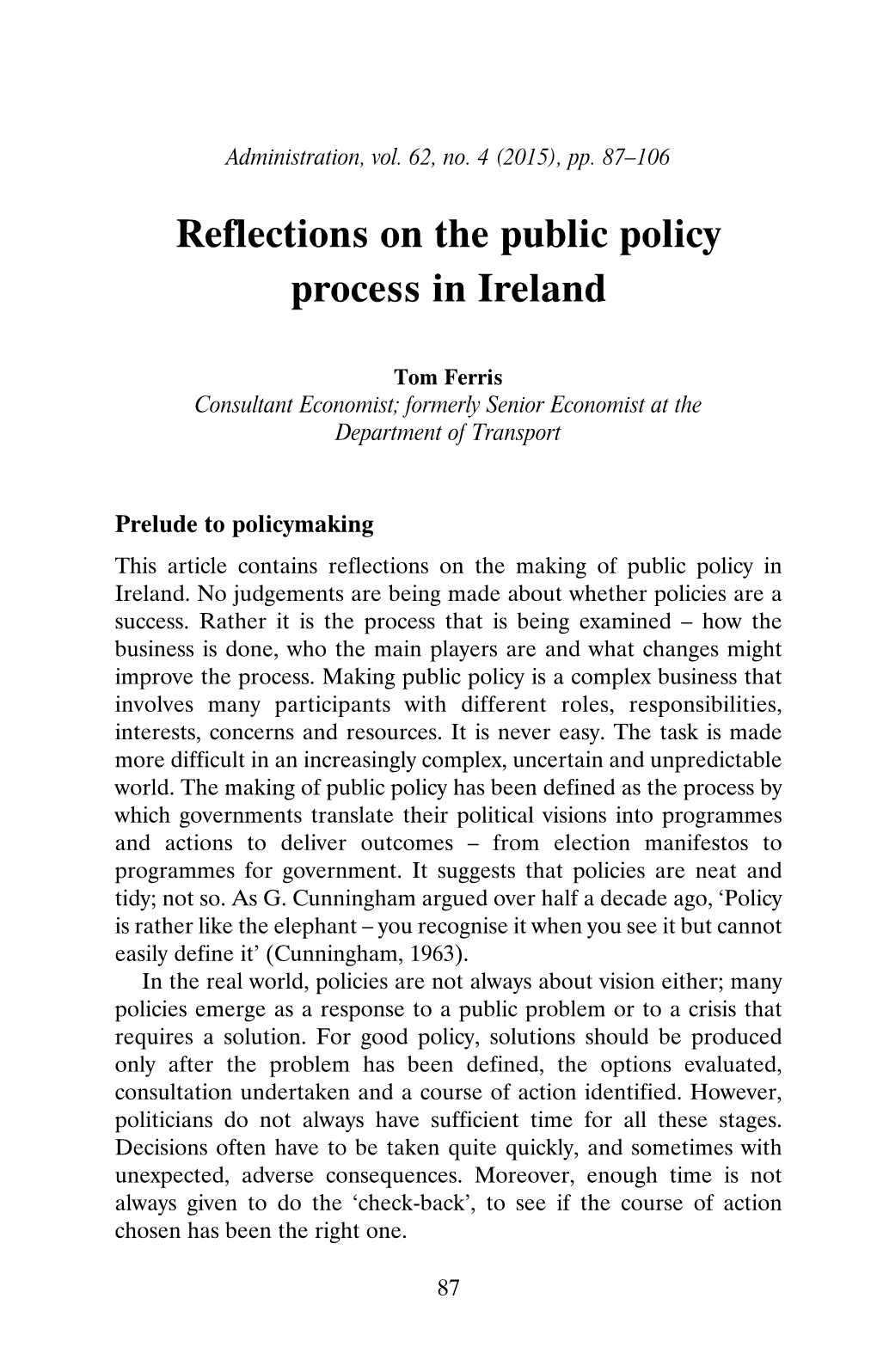 Reflections on the Public Policy Process in Ireland