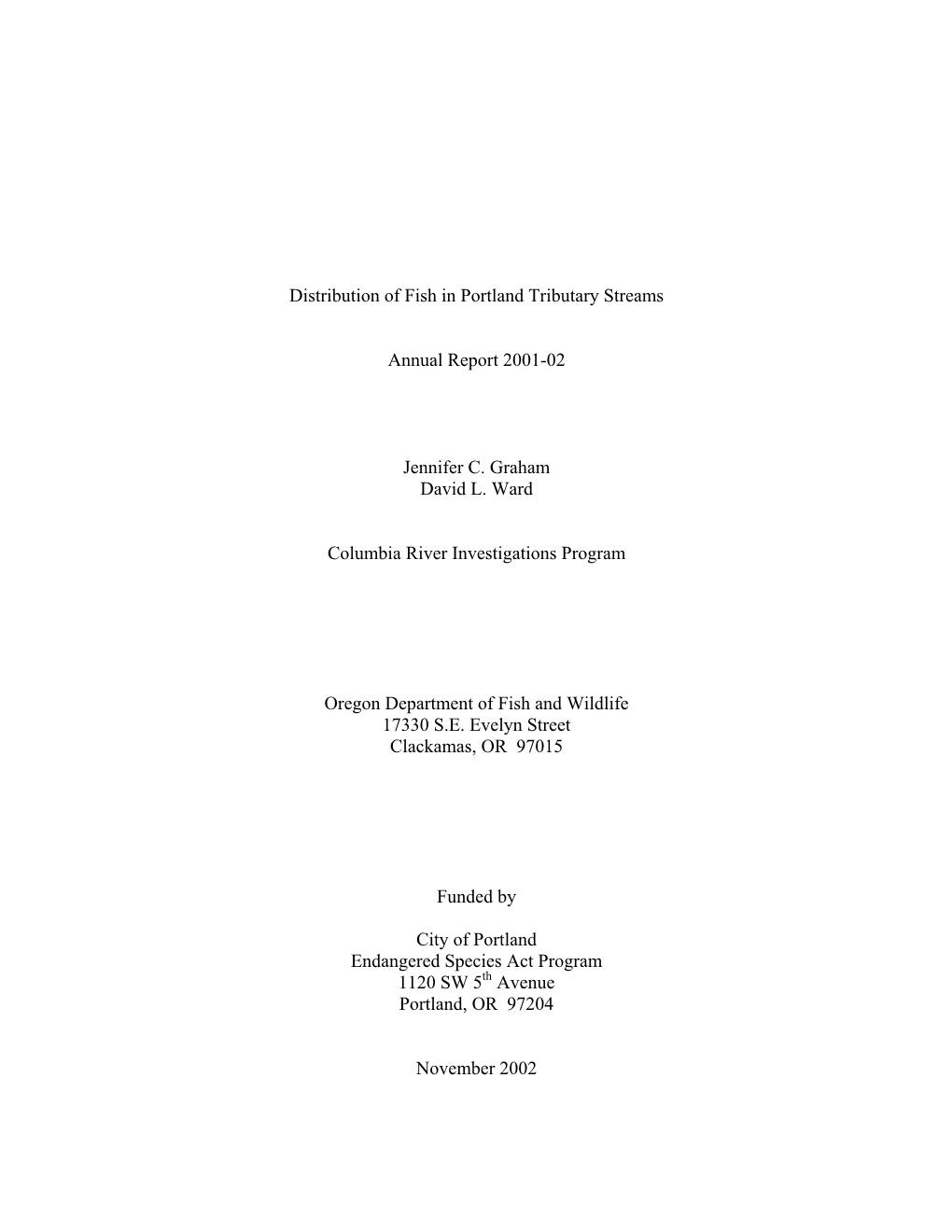 Distribution of Fish in Portland Tributary Streams Annual Report