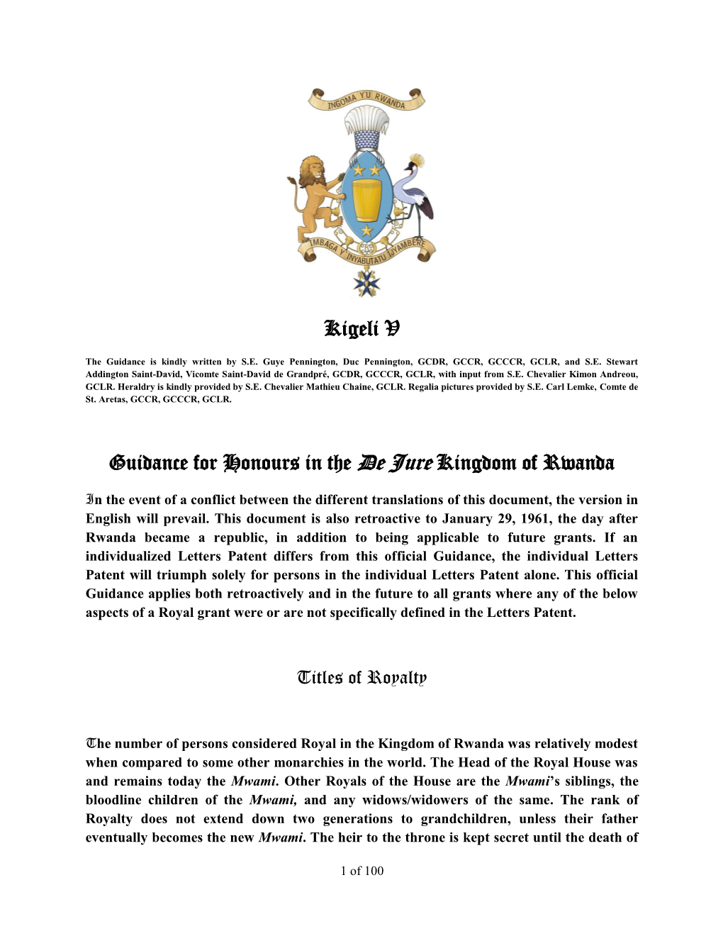 Kigeli V Guidance for Honours in the De Jure Kingdom of Rwanda