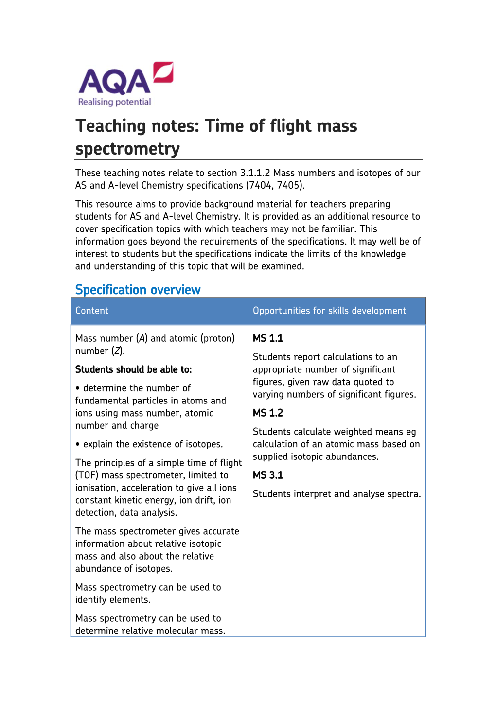 Teaching Guide: Time of Flight Mass Spectrometry (AS/A-Level Year One)