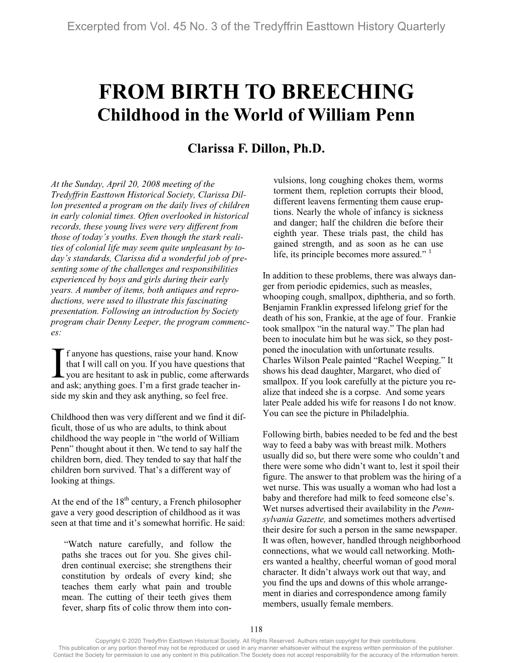 From Birth to Breeching: Childhood