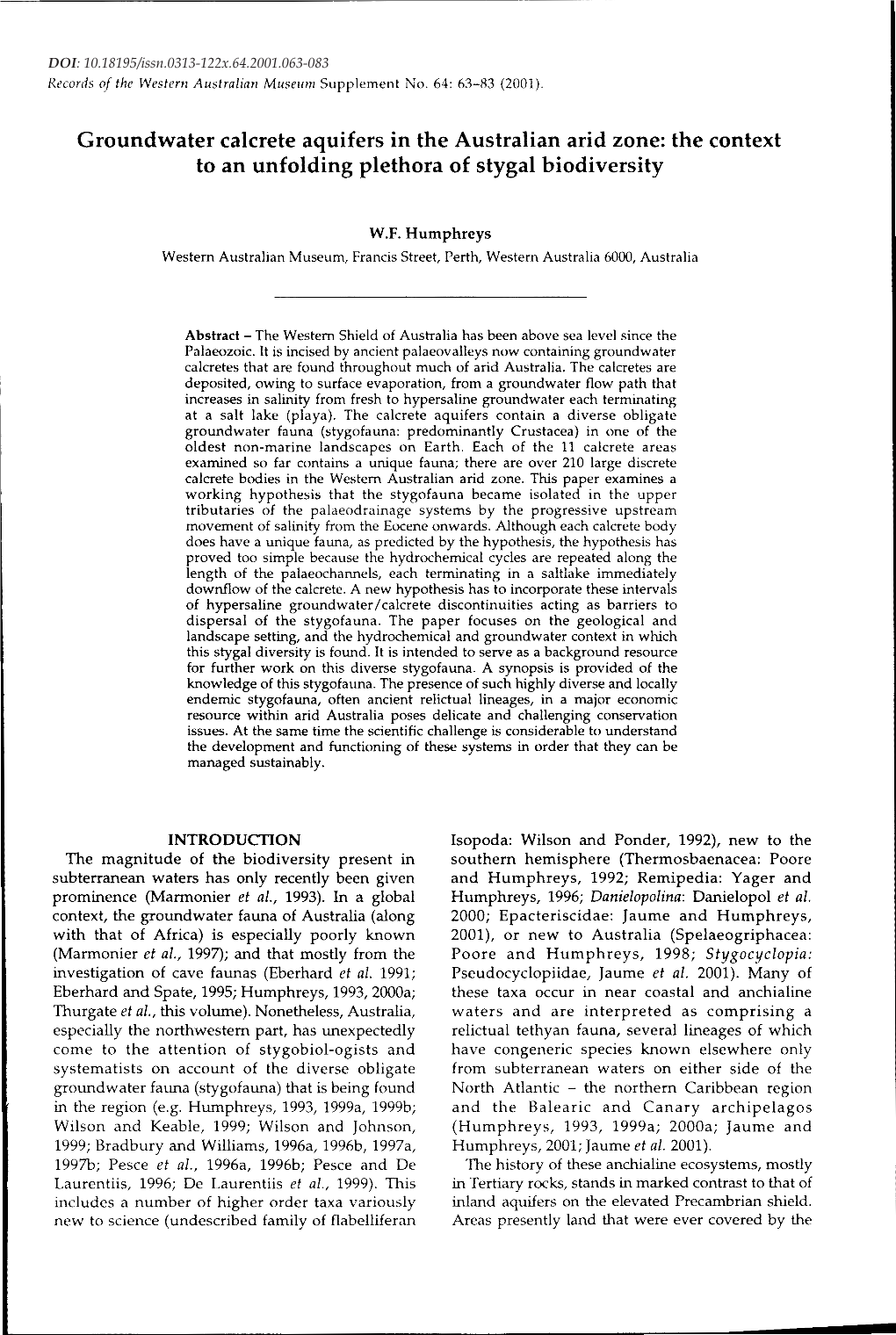 Groundwater Calcrete Aquifers in the Australian Arid Zone: the Context to an Unfolding Plethora of Stygal Biodiversity