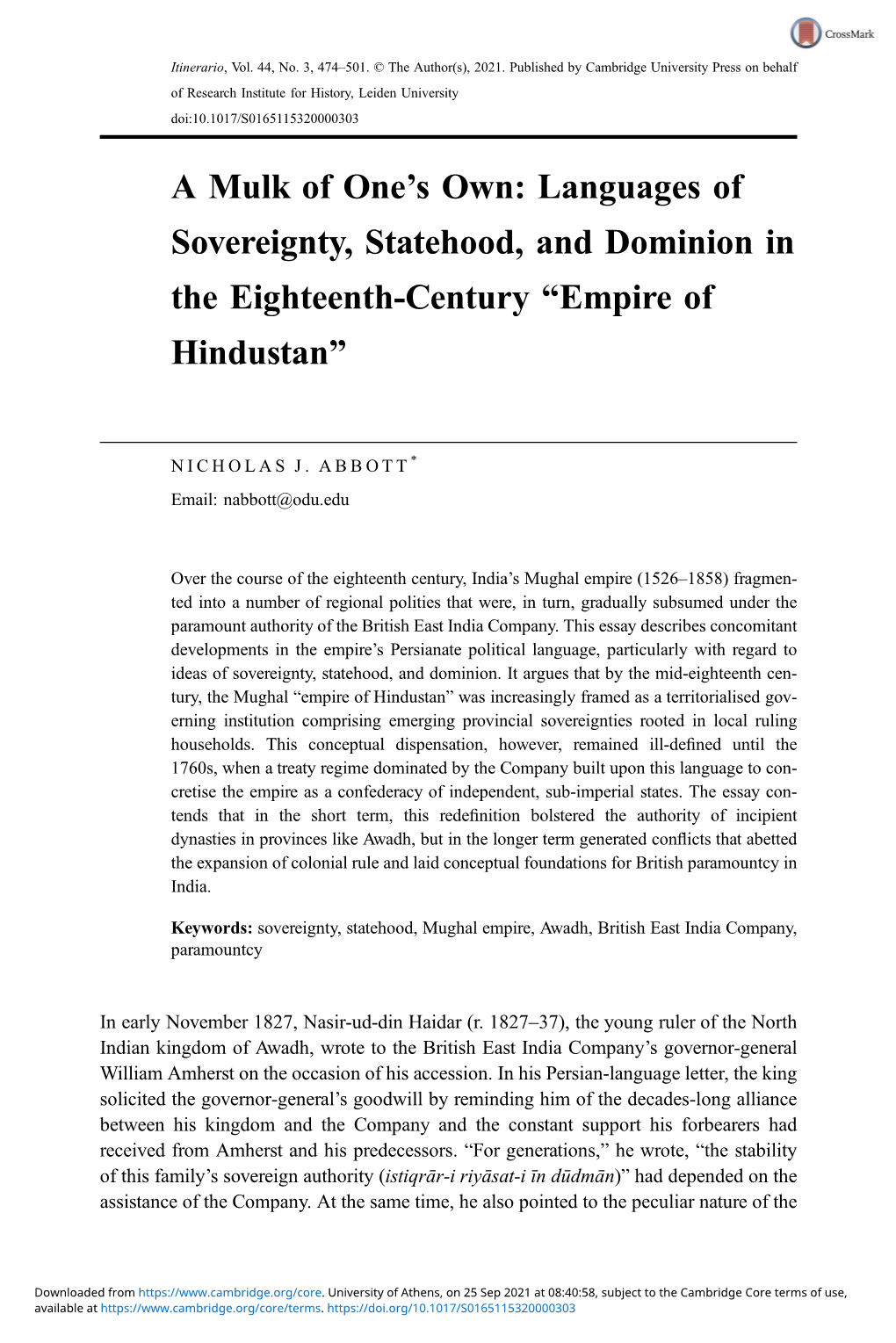 A Mulk of One's Own: Languages of Sovereignty, Statehood, And