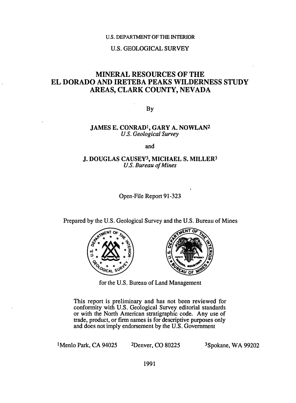 Mineral Resources of the El Dorado and Ireteba Peaks Wilderness Study Areas, Clark County, Nevada