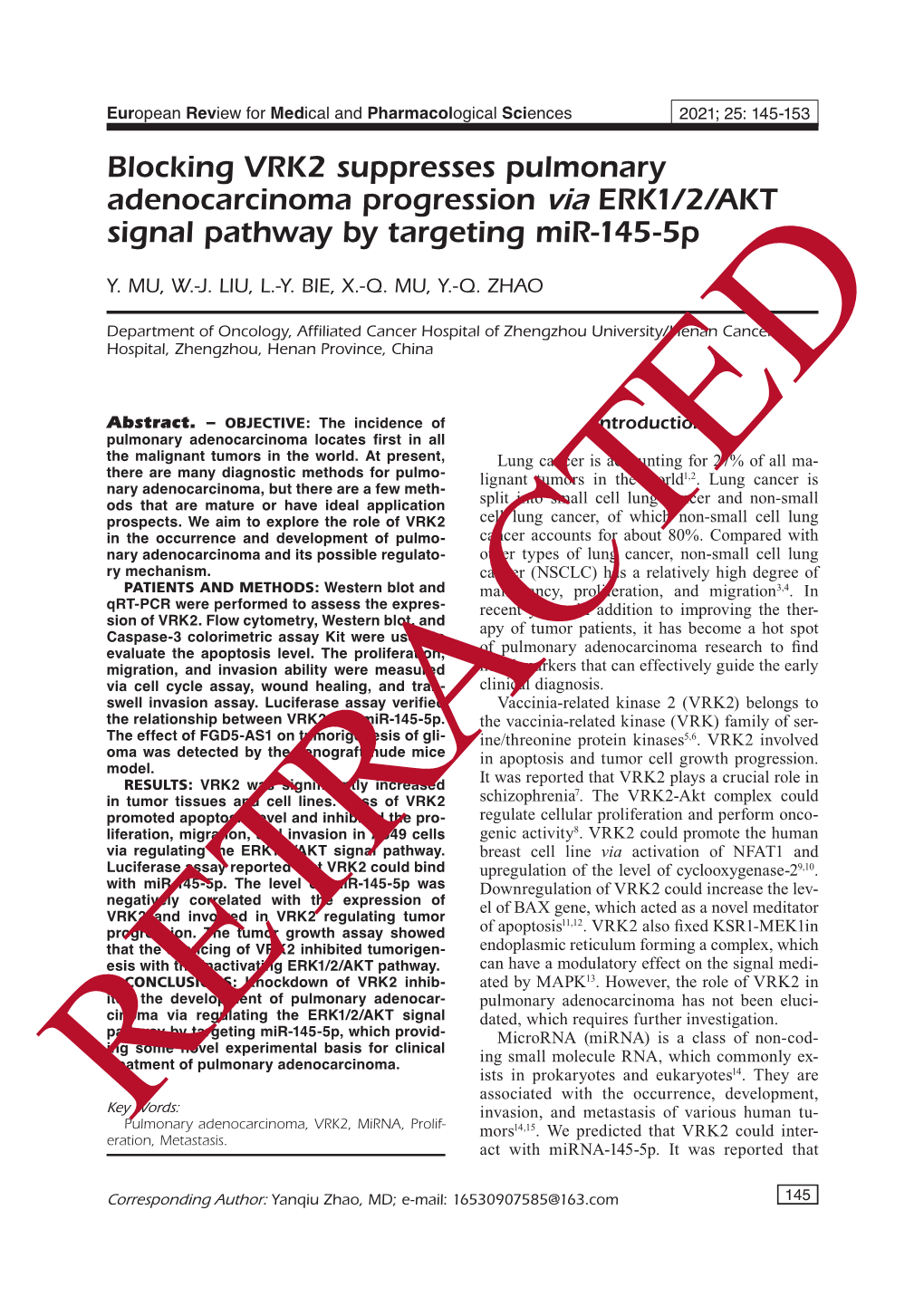 Blocking VRK2 Suppresses Pulmonary Adenocarcinoma Progression Via ERK1/2/AKT Signal Pathway by Targeting Mir-145-5P