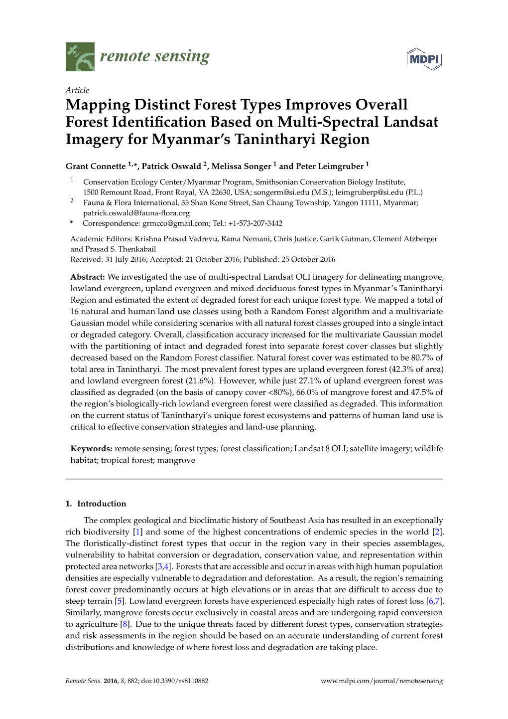 Mapping Distinct Forest Types Improves Overall Forest Identification Based on Multi-Spectral Landsat Imagery for Myanmar's