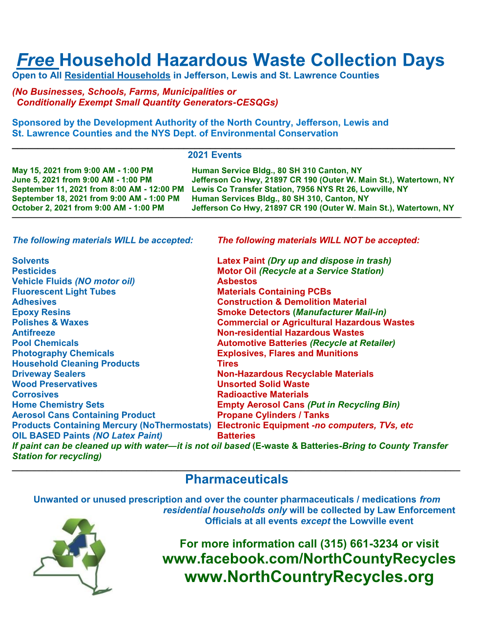 Free Household Hazardous Waste Collection Days Open to All Residential Households in Jefferson, Lewis and St