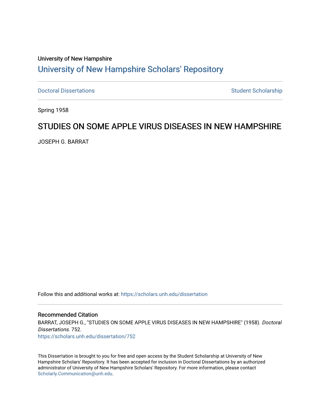 Studies on Some Apple Virus Diseases in New Hampshire