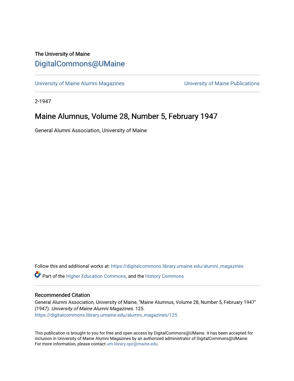 Maine Alumnus, Volume 28, Number 5, February 1947