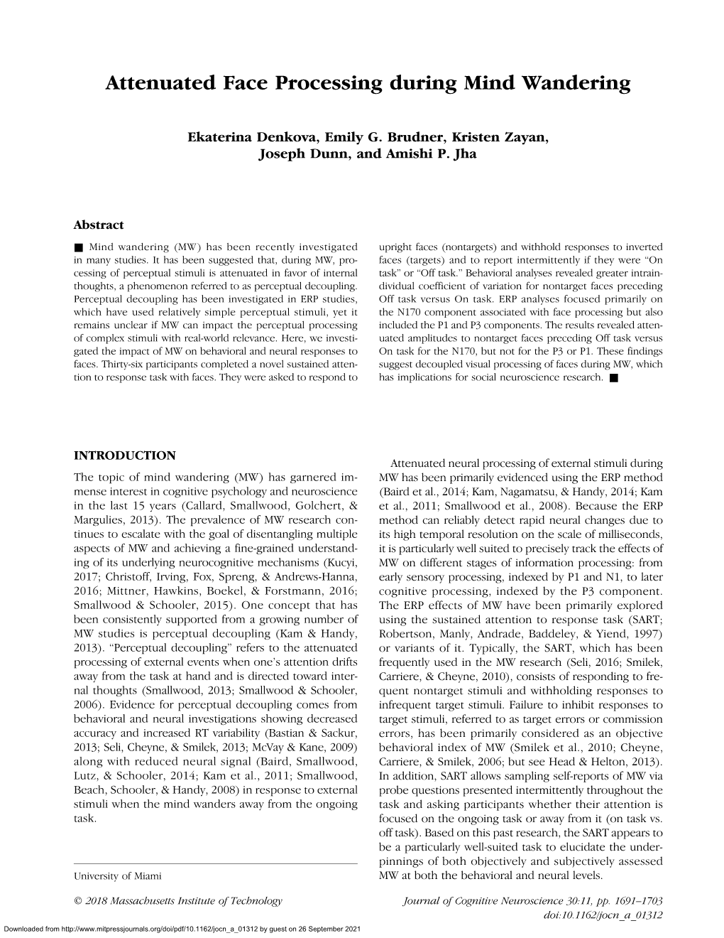 Attenuated Face Processing During Mind Wandering