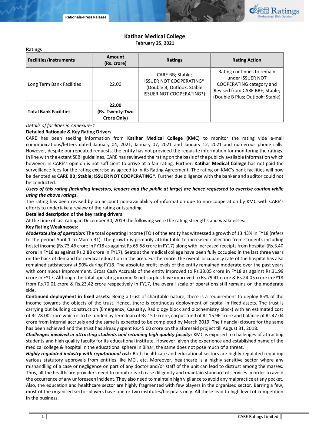 Katihar Medical College February 25, 2021 Ratings Amount Facilities/Instruments Ratings Rating Action (Rs