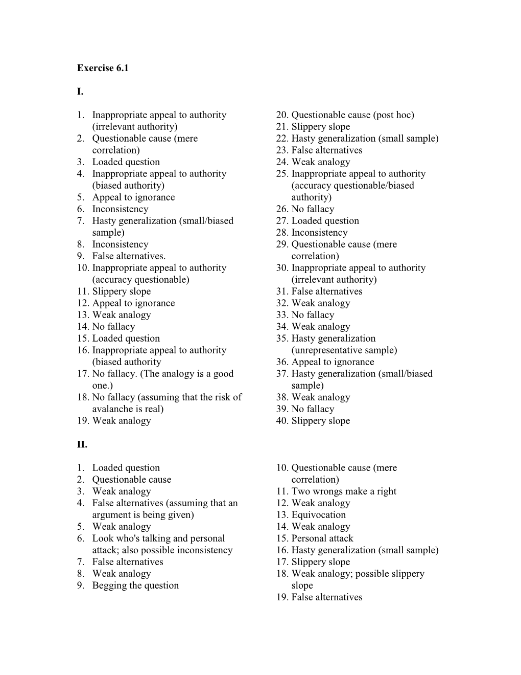 Exercise 6.1 I. 1. Inappropriate Appeal to Authority (Irrelevant Authority) 2