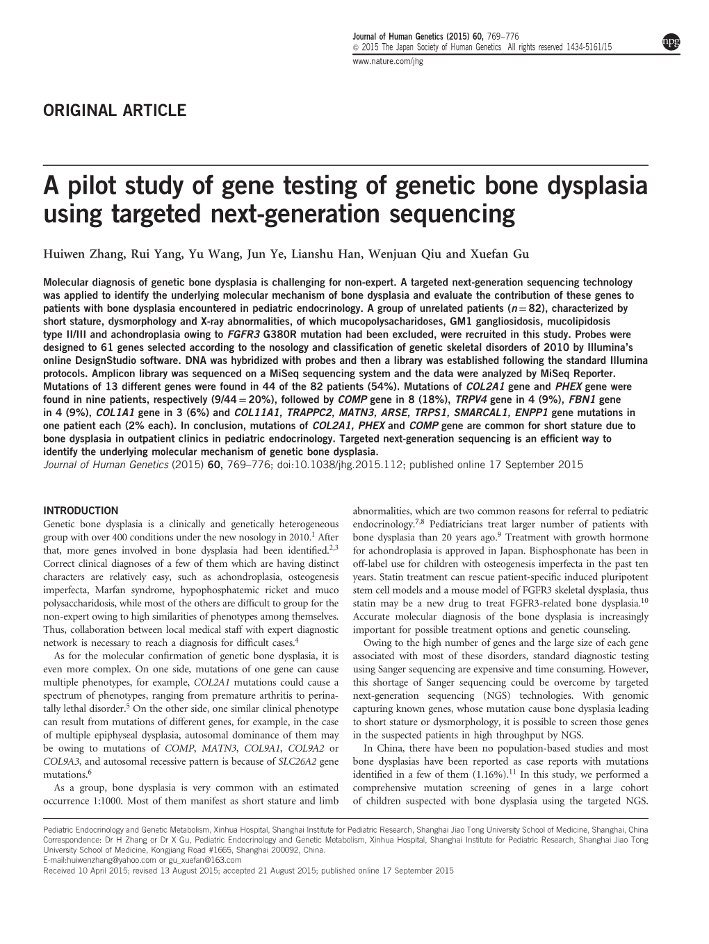 A Pilot Study of Gene Testing of Genetic Bone Dysplasia Using Targeted Next-Generation Sequencing