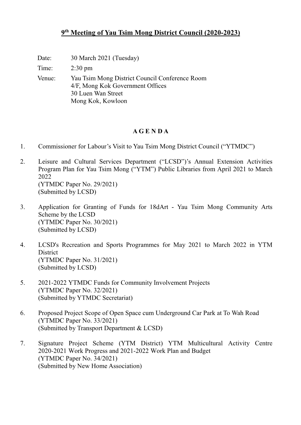 9Th Meeting of Yau Tsim Mong District Council (2020-2023)