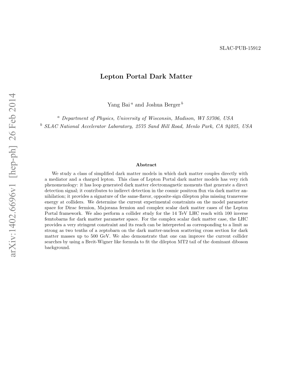 Lepton Portal Dark Matter Models