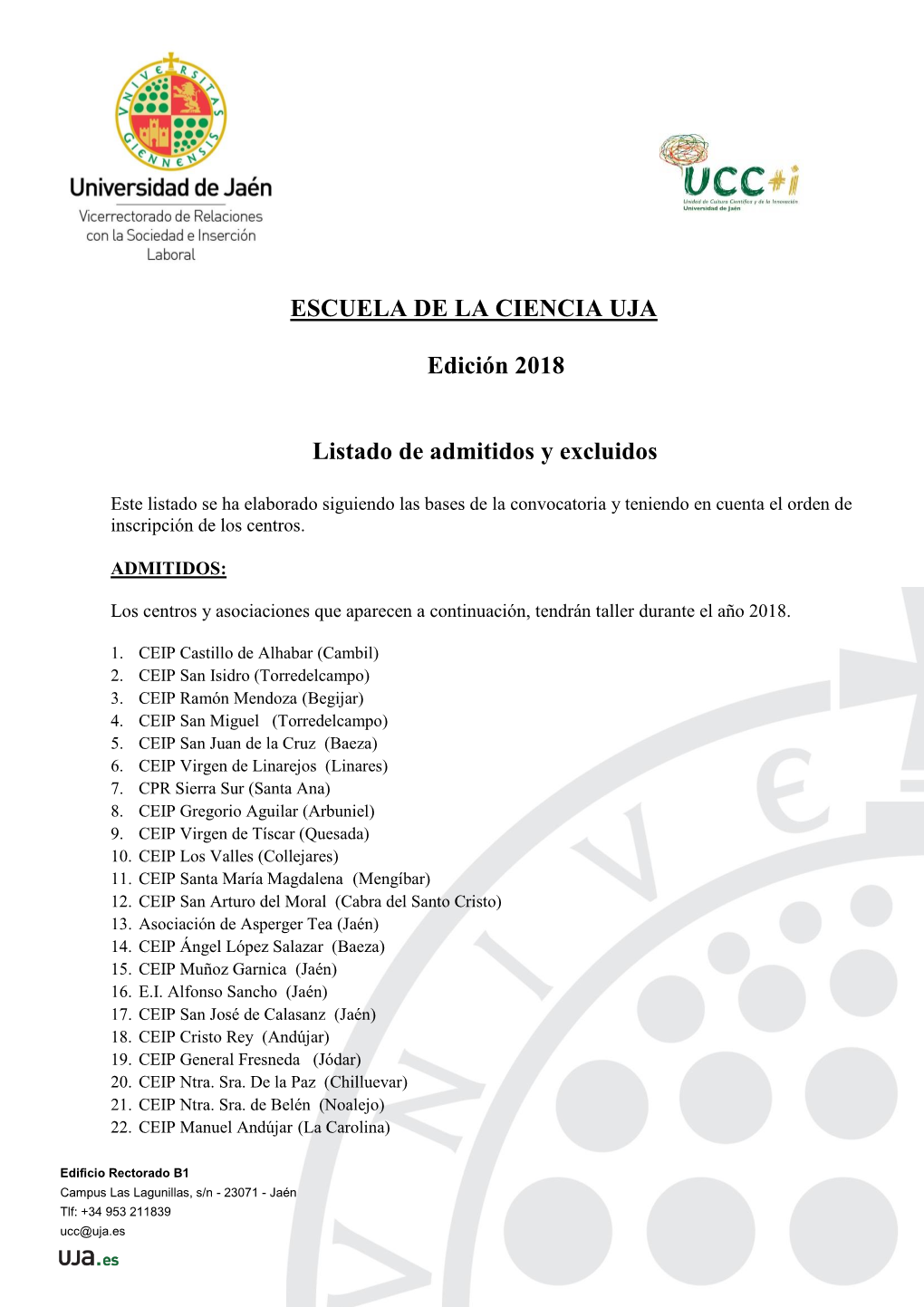 ESCUELA DE LA CIENCIA UJA Edición 2018 Listado De Admitidos Y Excluidos
