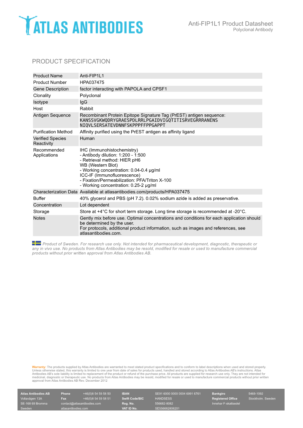 PRODUCT SPECIFICATION Anti-FIP1L1 Product Datasheet