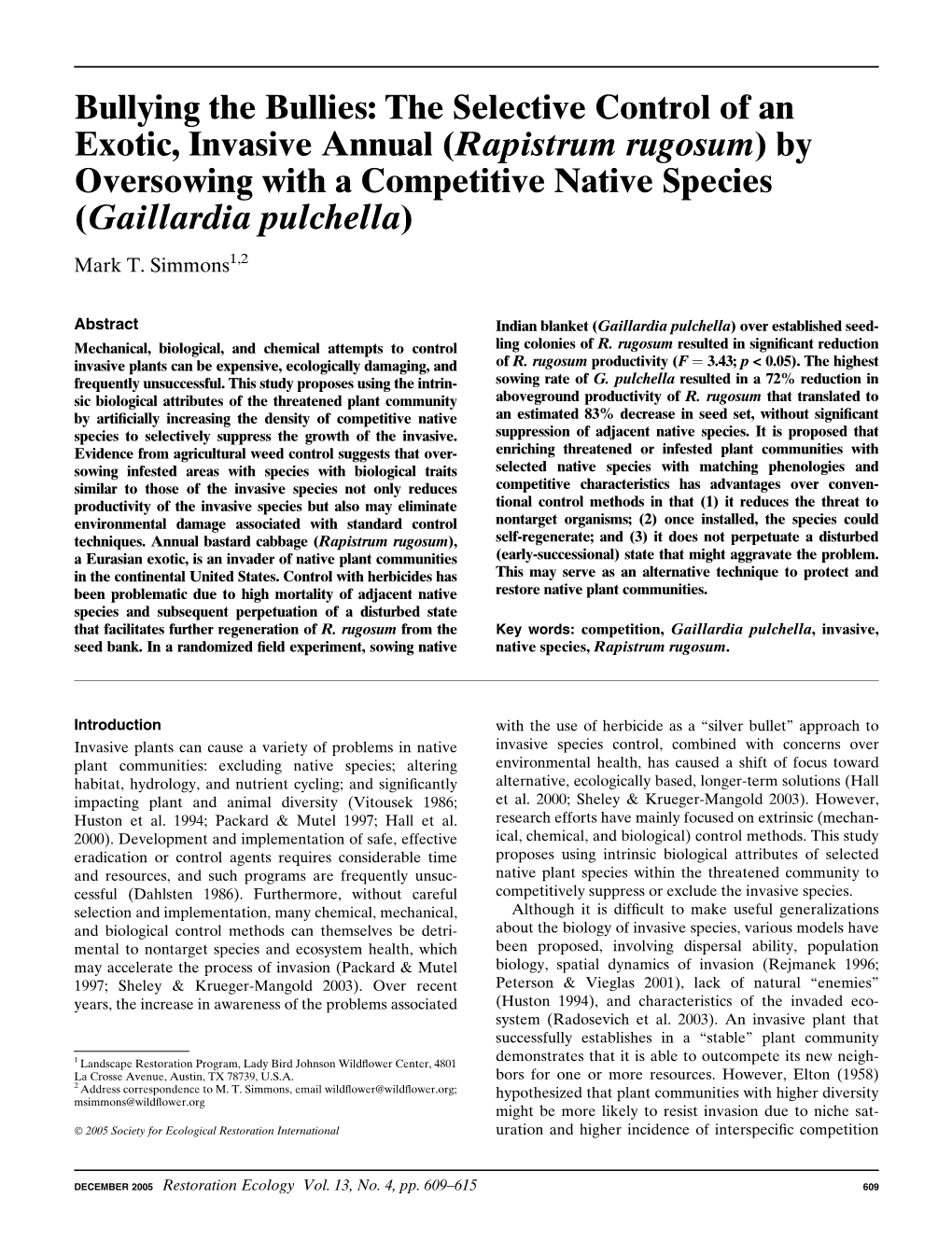 (Rapistrum Rugosum) by Oversowing with a Competitive Native Species