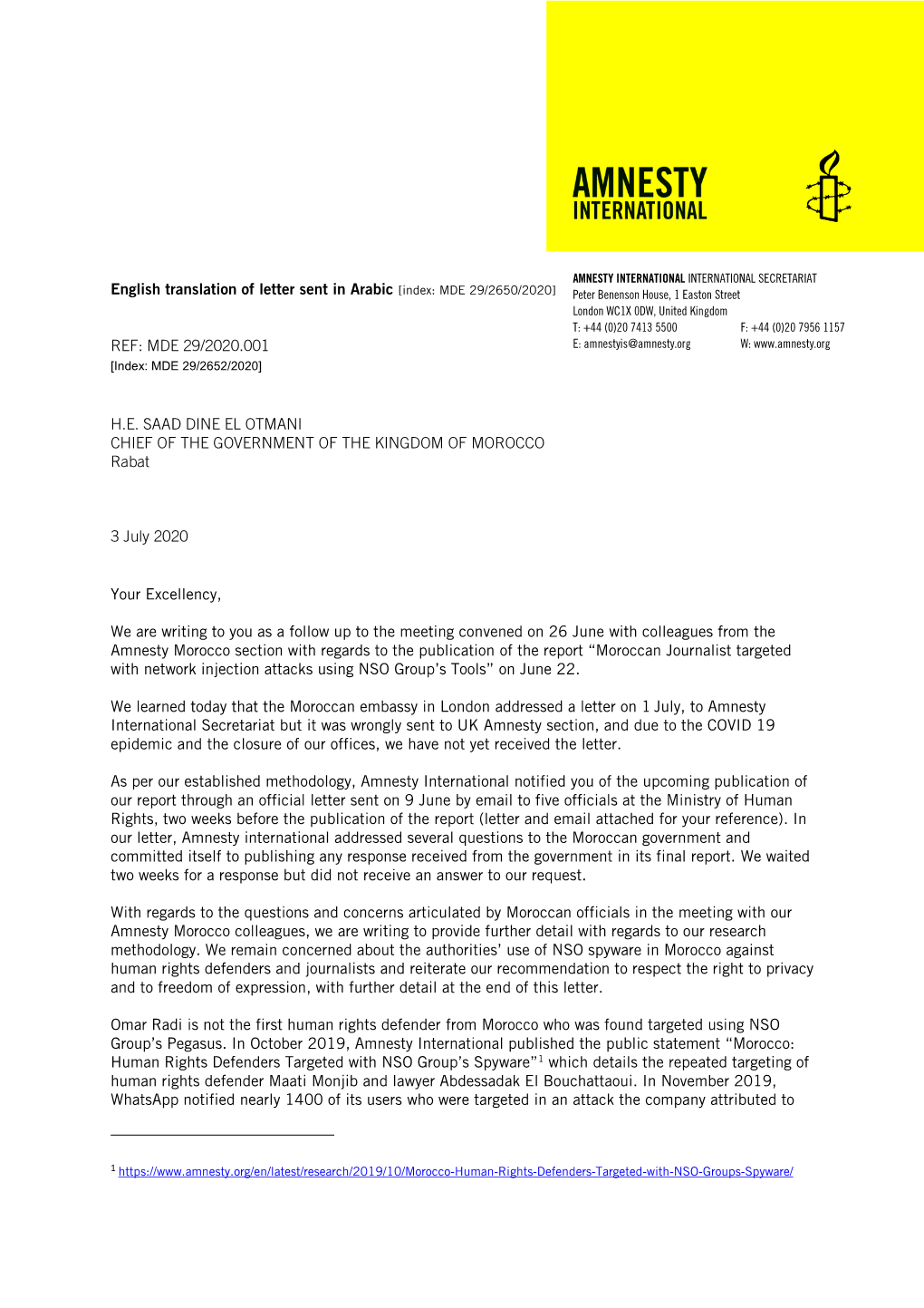 Letter from Amnesty International to the Government of Morocco