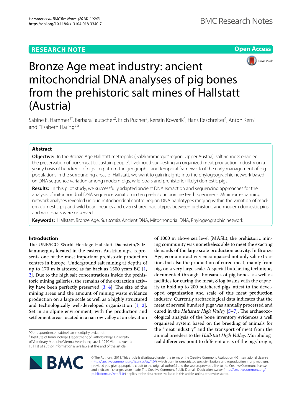 Ancient Mitochondrial DNA Analyses of Pig Bones from the Prehistoric Salt Mines of Hallstatt (Austria) Sabine E