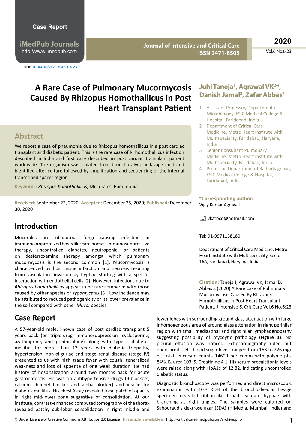 A Rare Case of Pulmonary Mucormycosis Caused By