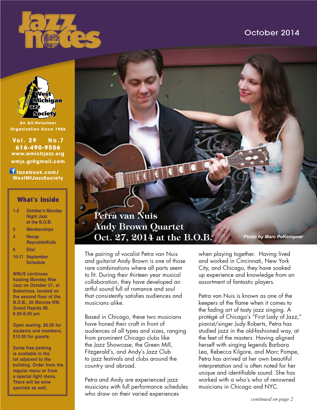 Petra Van Nuis Andy Brown Quartet Oct. 27, 2014 at the B.O.B
