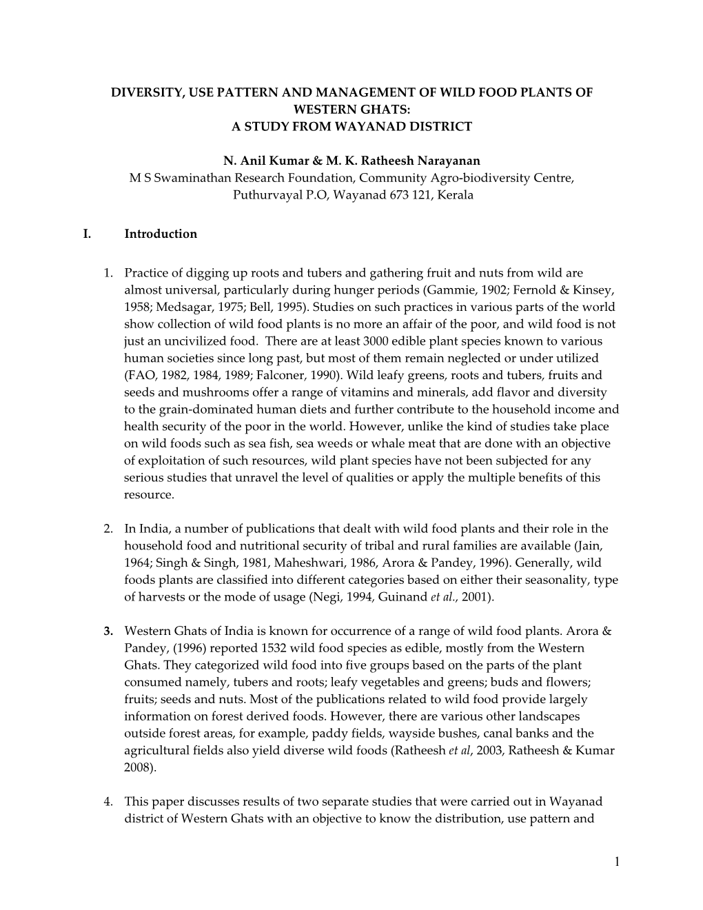 Diversity, Use Pattern and Management of Wild Food Plants of Western Ghats: a Study from Wayanad District