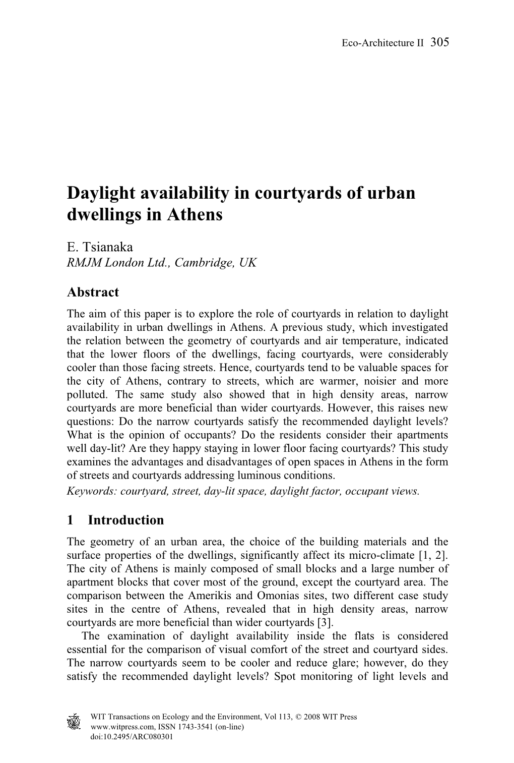 Daylight Availability in Courtyards of Urban Dwellings in Athens