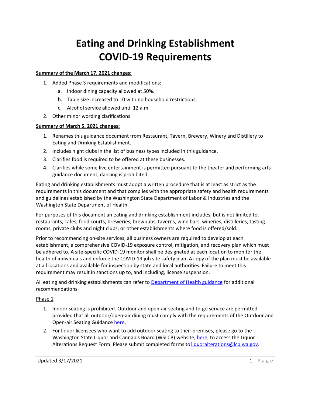 Eating and Drinking Establishment COVID-19 Requirements