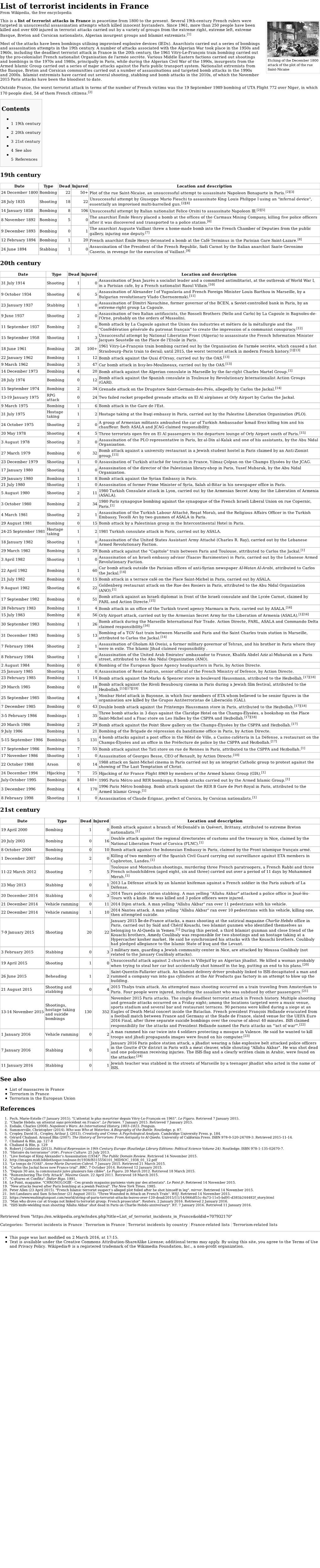 List of Terrorist Incidents in France from Wikipedia, the Free Encyclopedia