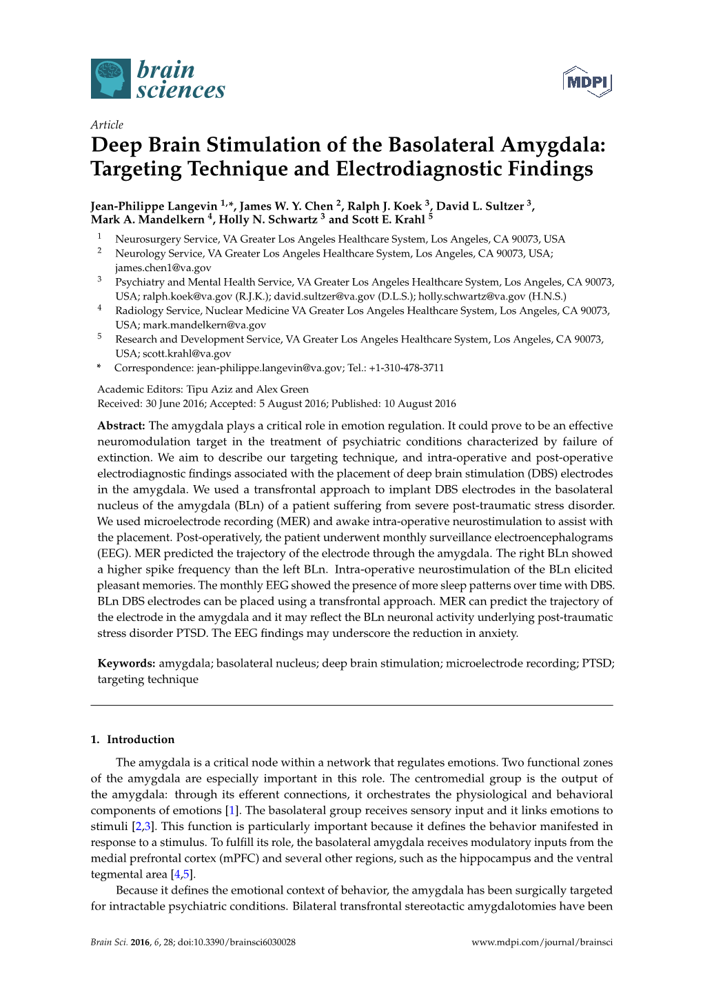 Deep Brain Stimulation of the Basolateral Amygdala: Targeting Technique and Electrodiagnostic Findings